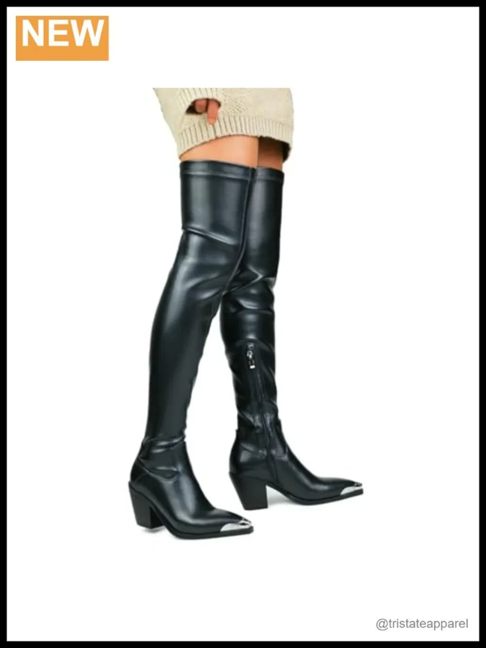 Faux Leather Pointed Toe Thigh High Boots Chunky Heel Side Zipper Stretch